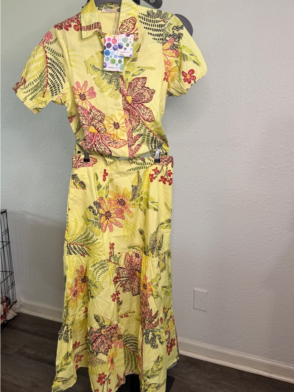 Yellow Floral Collared with Puff Sleeve Blouse and Maxi Skirt with pockets.
